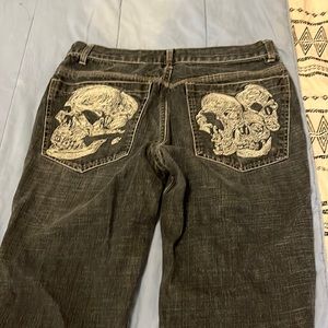 Y2K Jeans gray emo skull embroidery. Rare